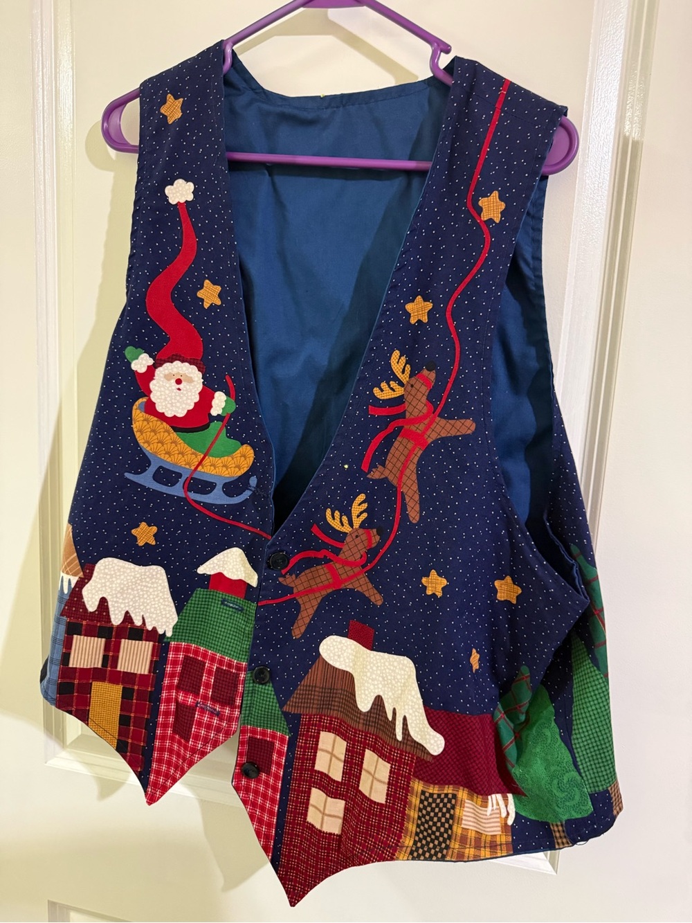 Kids Navy Christmas Vest with Santa & Reindeer Appliqué
